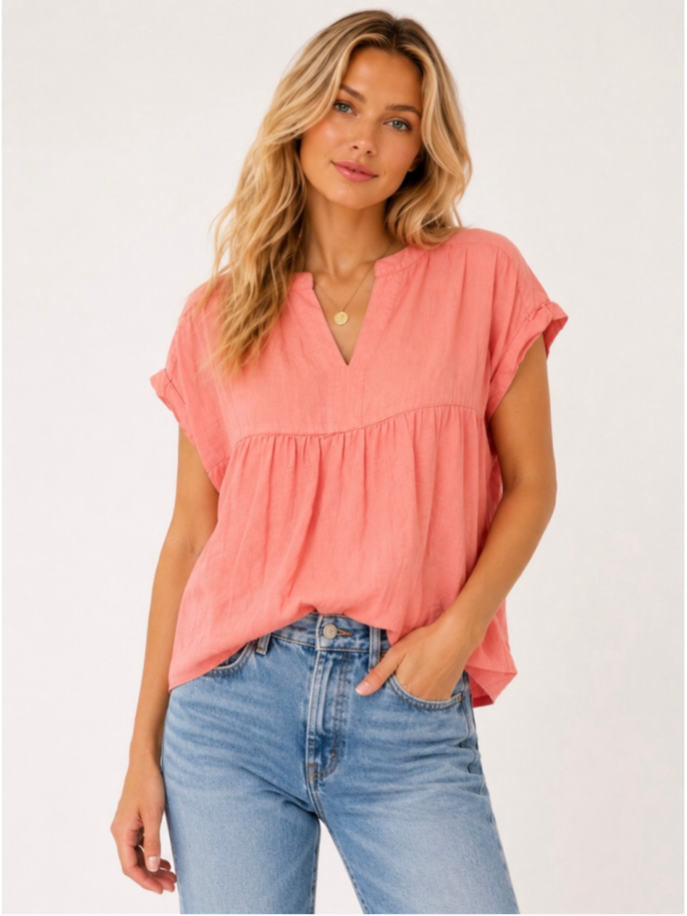 Splendid Coral Linen Blouse V Neck Cap Sleeve Coastal Boho Relaxed XL Beach Chic